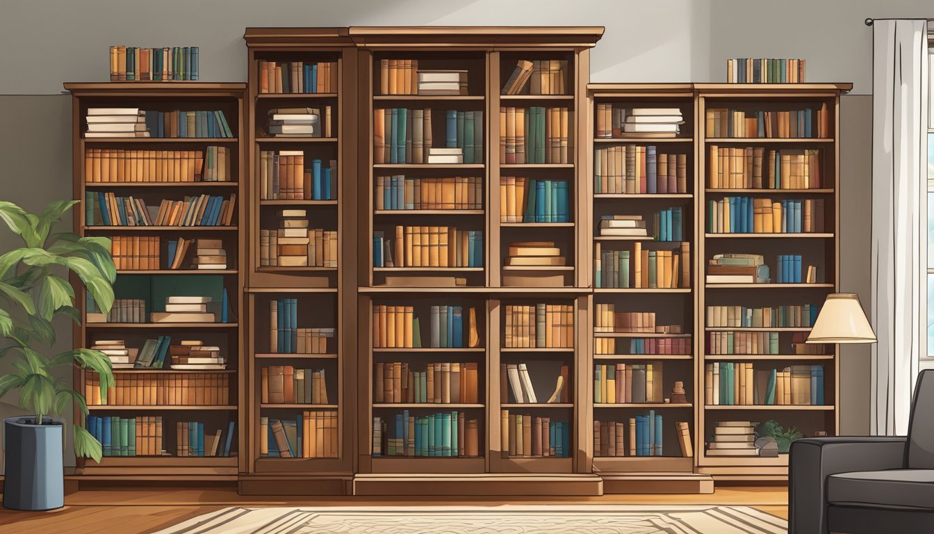 A solid wood bookcase stands in a well-lit room, surrounded by various books and decorative items. The bookcase is tall, with multiple shelves and a sturdy, elegant design