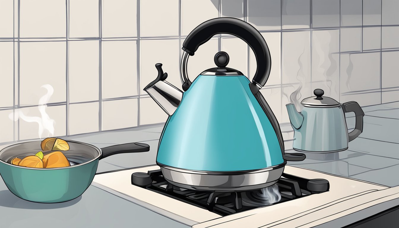 A hot water kettle sits on a stovetop, steam rising from its spout. The handle is cool to the touch, and the kettle is whistling softly