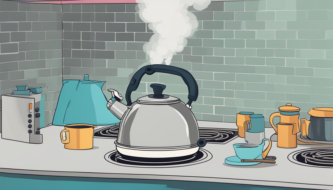 A stainless steel kettle sits on a stovetop, steam rising from its spout. A stack of FAQs lies nearby