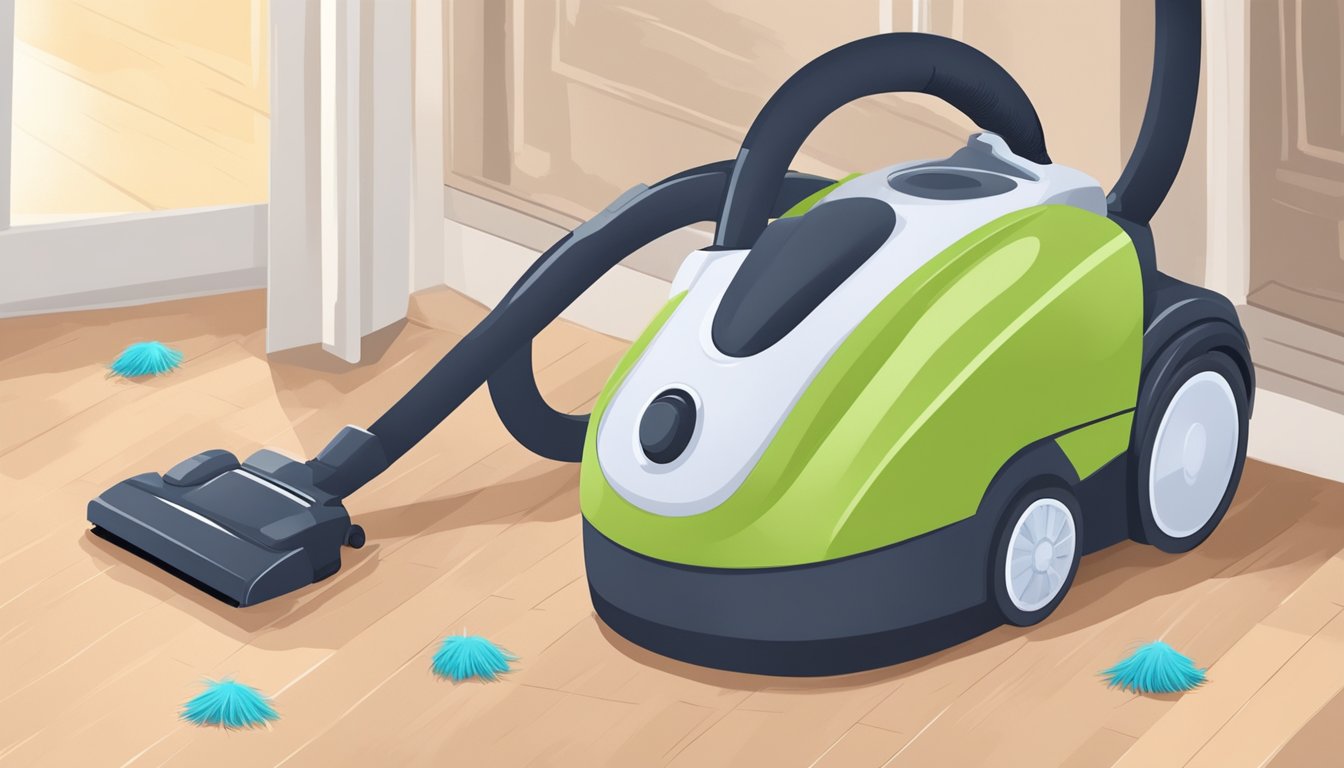 A vacuum cleaner with specialized attachments cleans up pet hair and debris from a carpeted floor