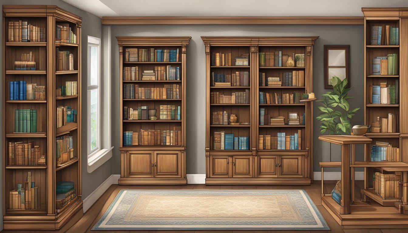 A solid wood bookcase stands in a well-lit room, showcasing its sturdy construction and elegant design. Books and decorative items are neatly arranged on its shelves, creating a sense of organization and sophistication