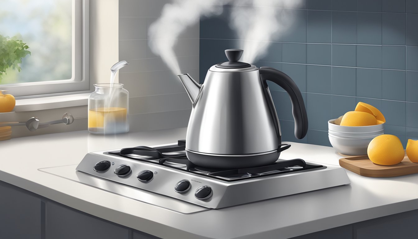 A stainless steel hot water kettle sits on a stovetop, steam rising from its spout