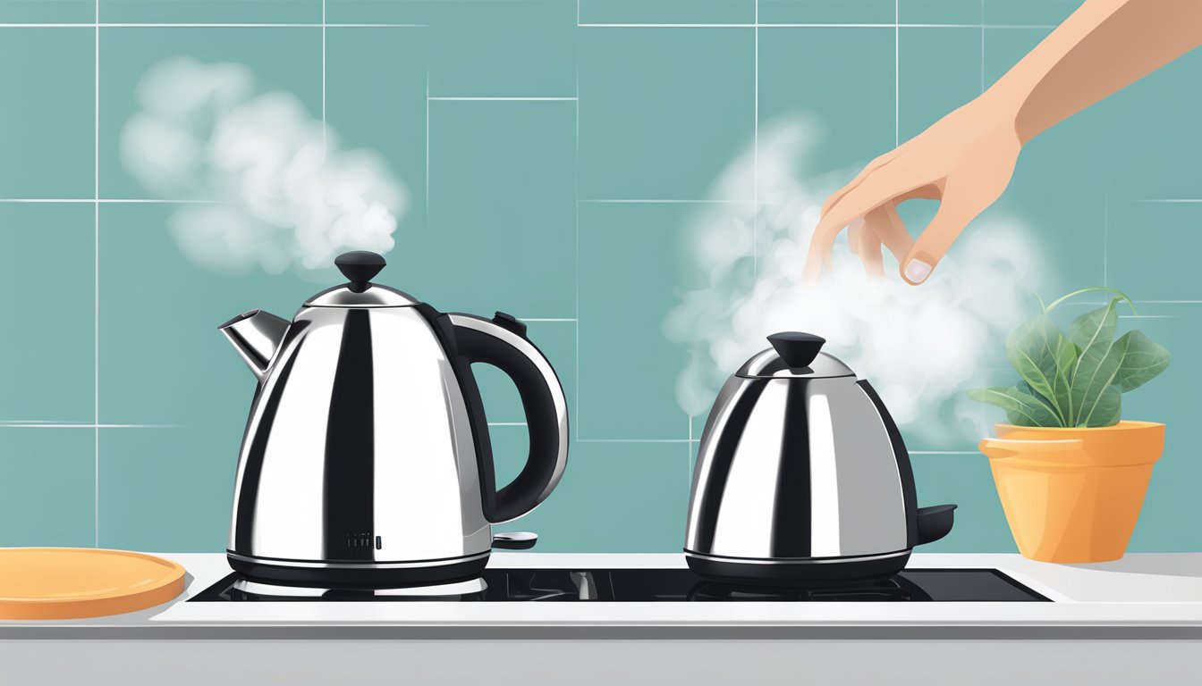 A hand reaches for a sleek, stainless steel kettle on a modern kitchen counter, with steam rising from the spout