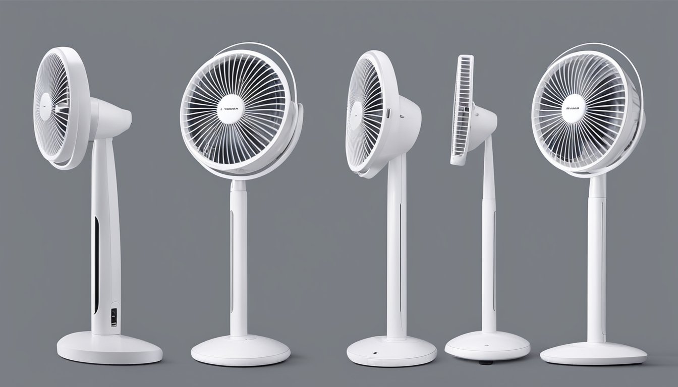 A bladeless standing fan rotates smoothly, emitting a gentle breeze. Its sleek, modern design complements the surrounding decor