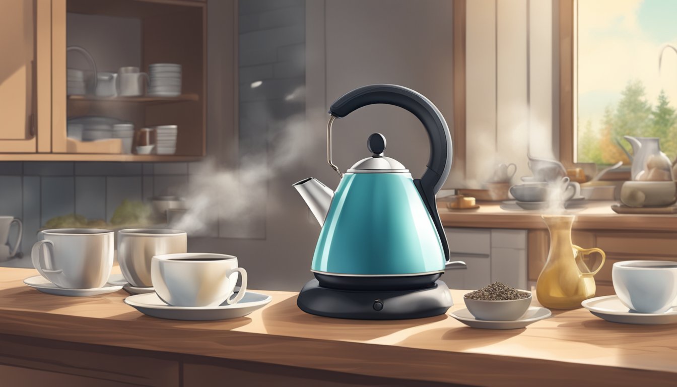 A hot water kettle steams on a kitchen counter, surrounded by mugs and tea bags