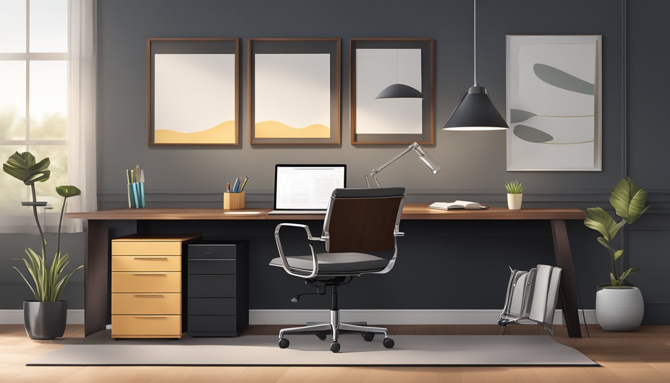 An L-shaped office table made of sleek, dark wood with metal accents, surrounded by modern office chairs and a minimalist desk lamp