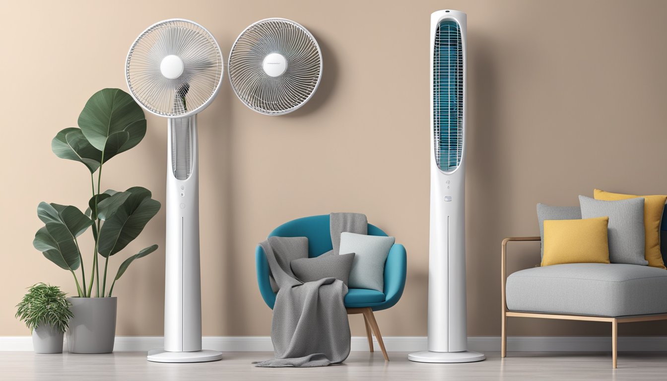 A bladeless standing fan with a sleek, modern design. It stands tall on a sturdy base with a slim, elongated body. The air flows smoothly through the open top, creating a cool, gentle breeze