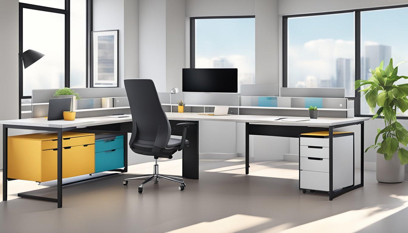 An L-shaped office table with adjustable height and multiple storage compartments