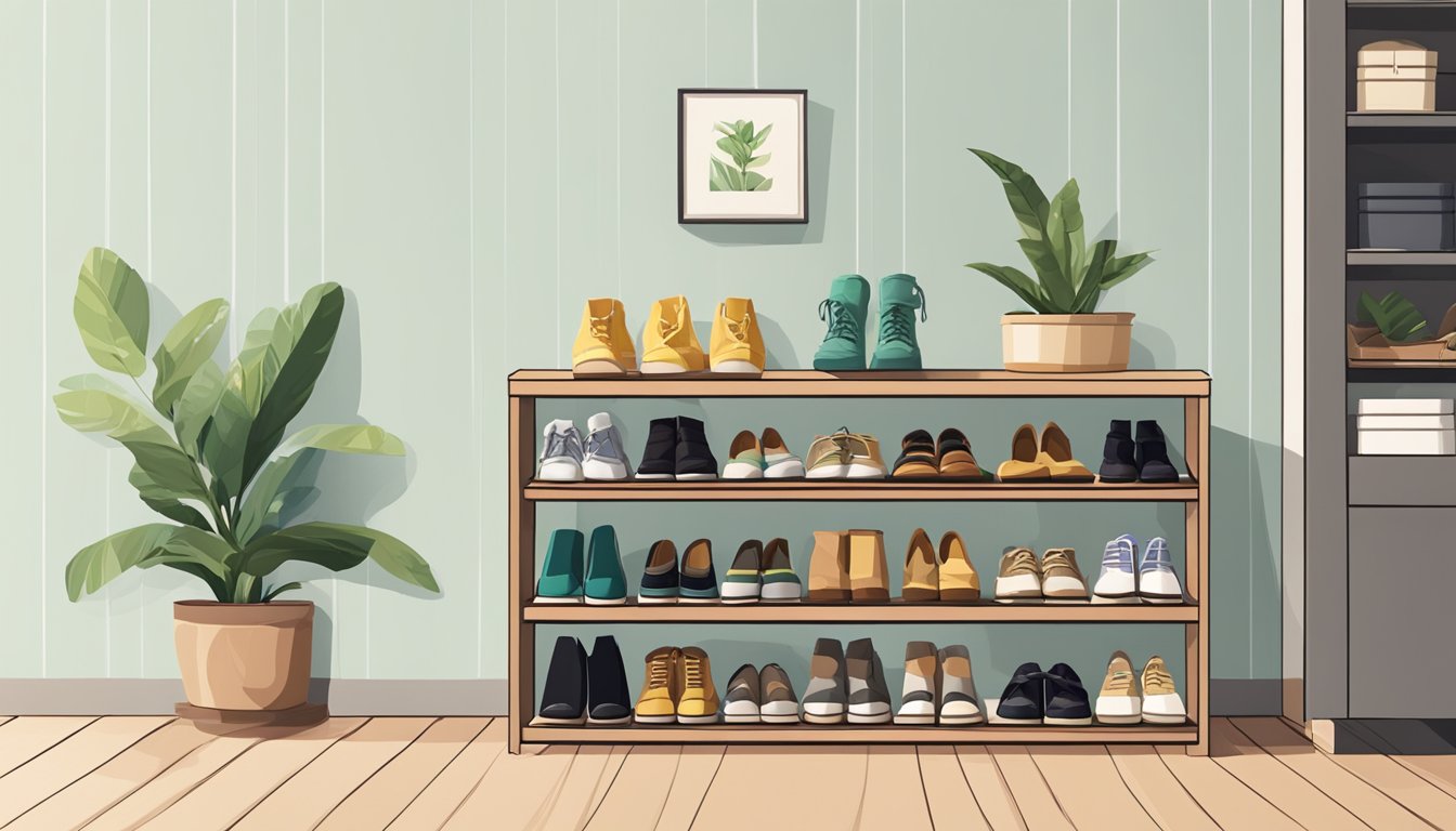 A shoe cabinet stands against a wall, filled with neatly arranged shoes. A few pairs sit on top, next to a small potted plant