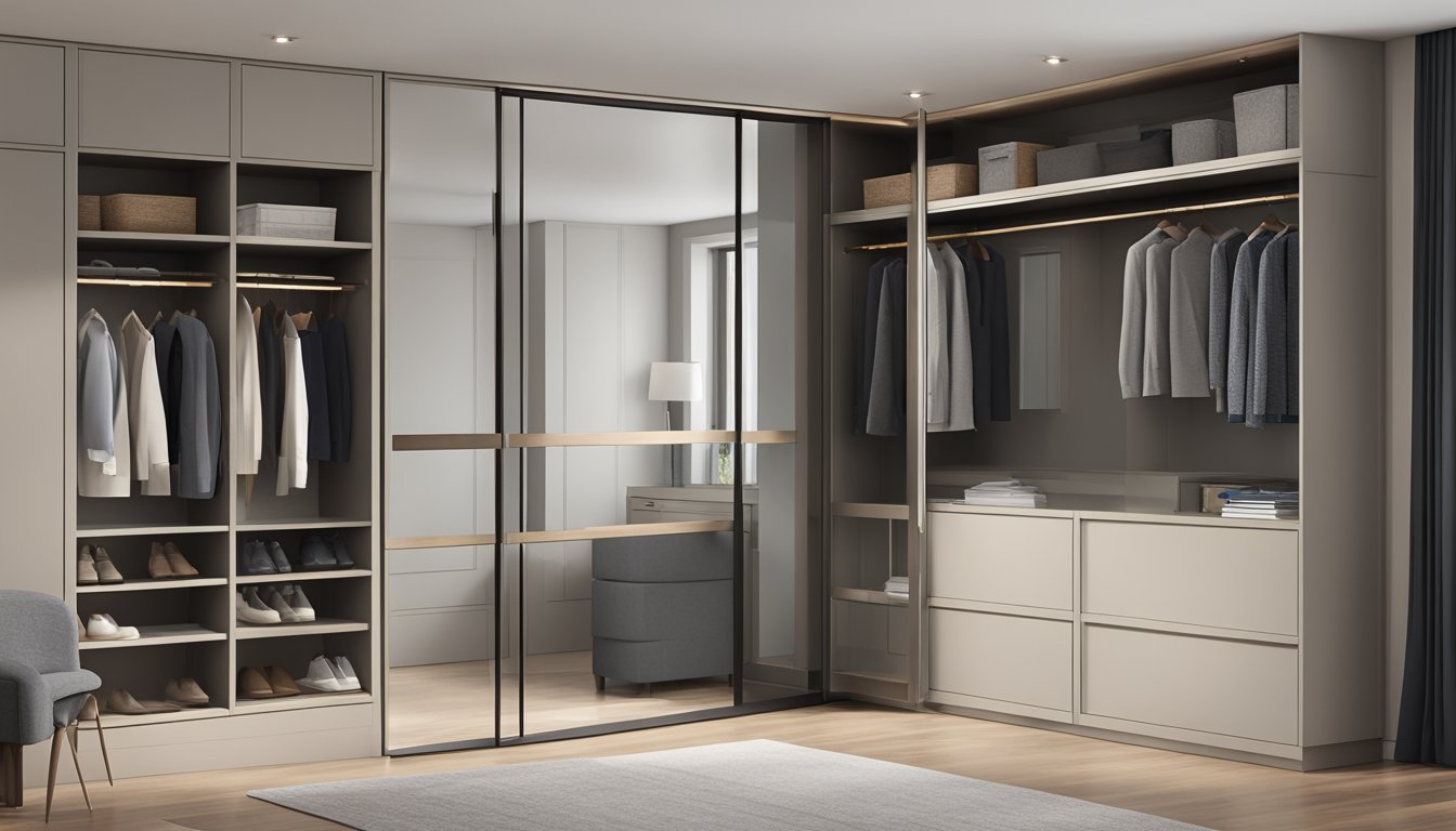 A sleek casement door wardrobe stands against a neutral backdrop, with clean lines and modern hardware. The interior shelves and hanging space are visible through the glass doors