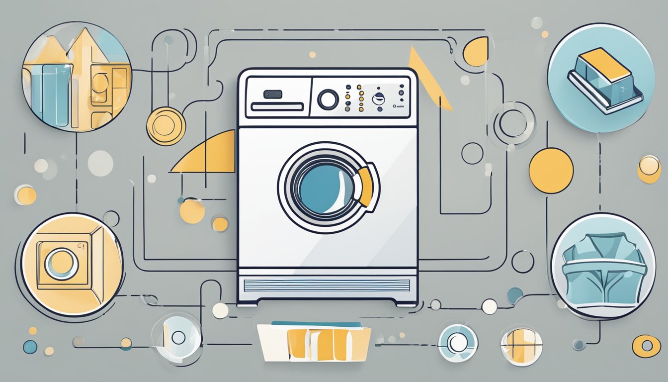 Laundry symbols on a dryer, including circles, squares, and lines, are depicted on a control panel