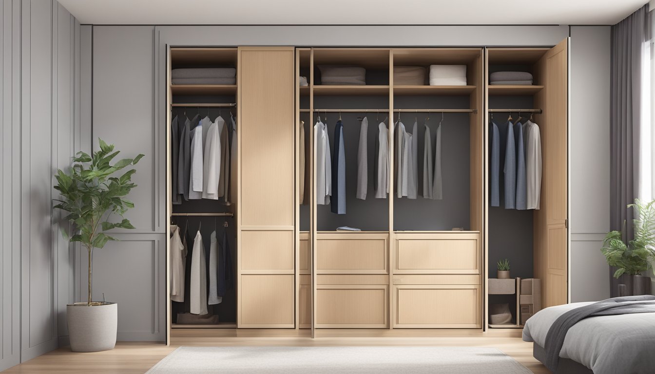 A casement door wardrobe is being installed in a room, with practical considerations such as measurement, alignment, and hardware placement being carefully considered