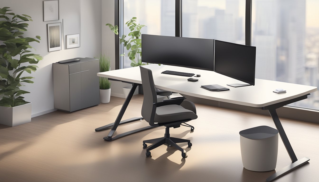 A modern L-shaped office table with a clean, sleek design, positioned in a well-lit workspace with minimal clutter