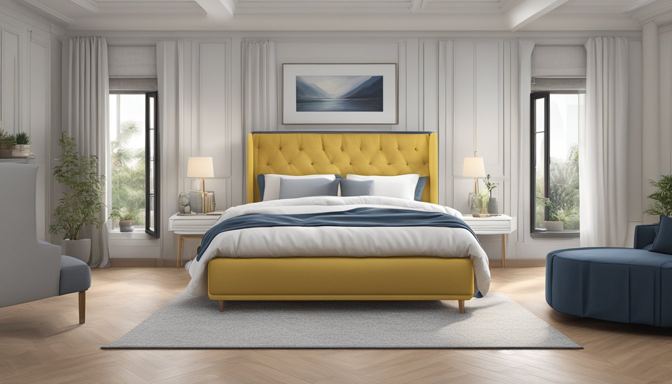 A standard queen size bed measures 152.5 cm in width and 203 cm in length. The bed is neatly made with a white duvet cover and two matching pillows