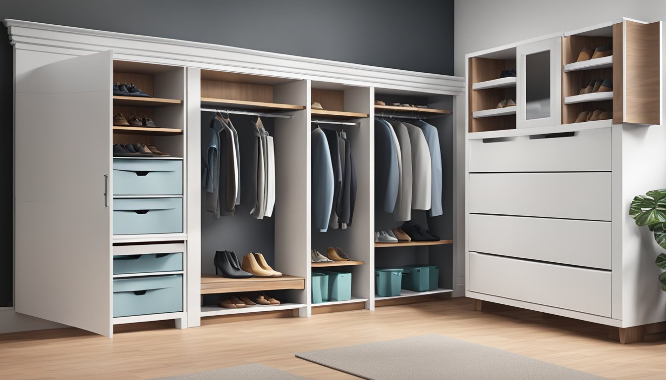 A shoe and storage cabinet with adjustable shelves and sleek, modern design