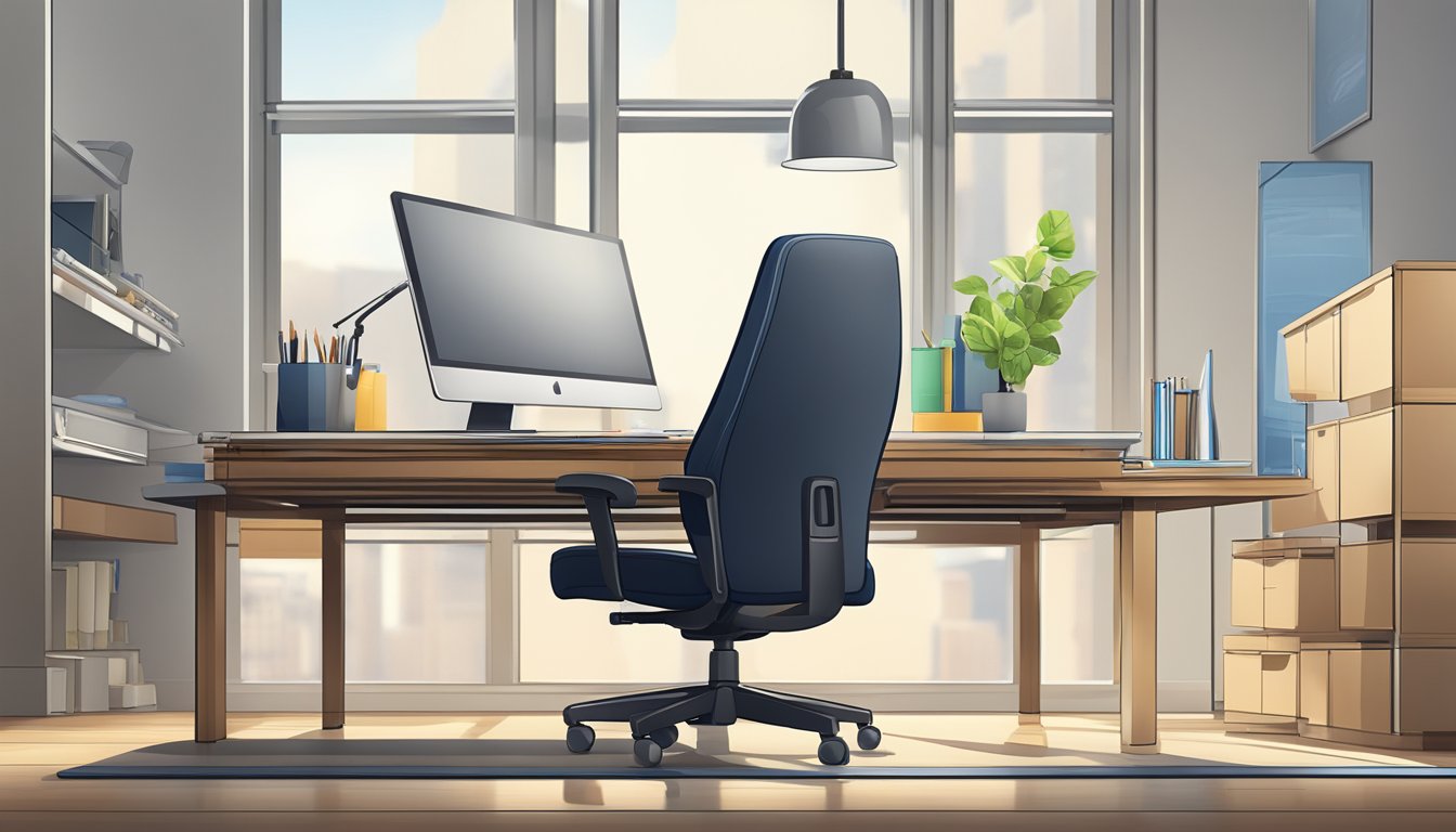 An office table and chair sit in a well-lit room, with a computer and paperwork neatly arranged on the desk