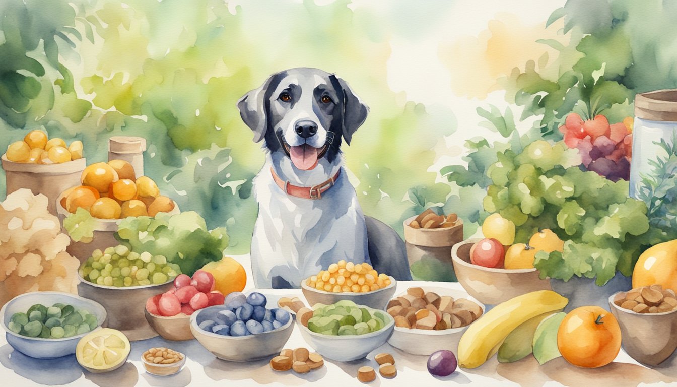 A happy dog with shiny coat and healthy skin, surrounded by omega-rich foods and supplements