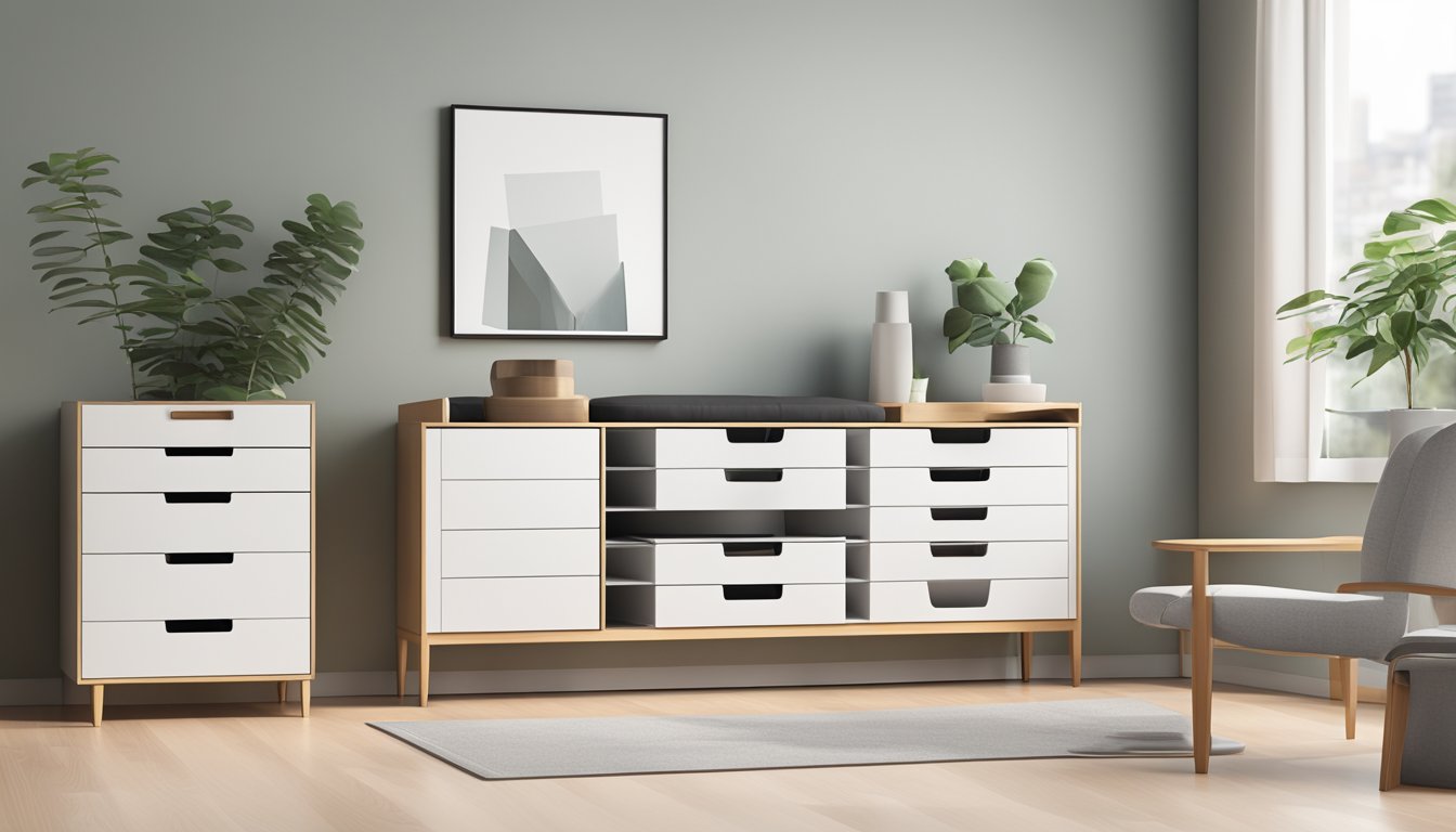 A sleek, modern shoe and storage cabinet stands against a clean, minimalist backdrop, with adjustable shelves and compartments for optimal organisation