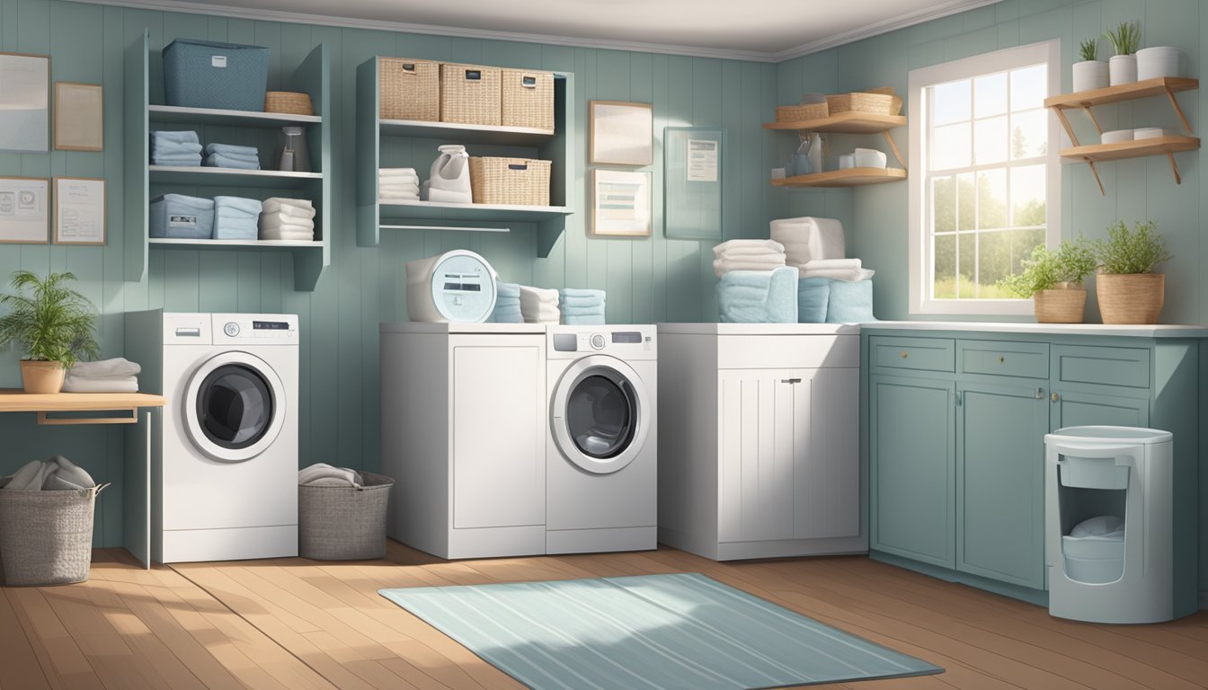 A laundry room with a washing machine, dryer, and care label symbols displayed prominently