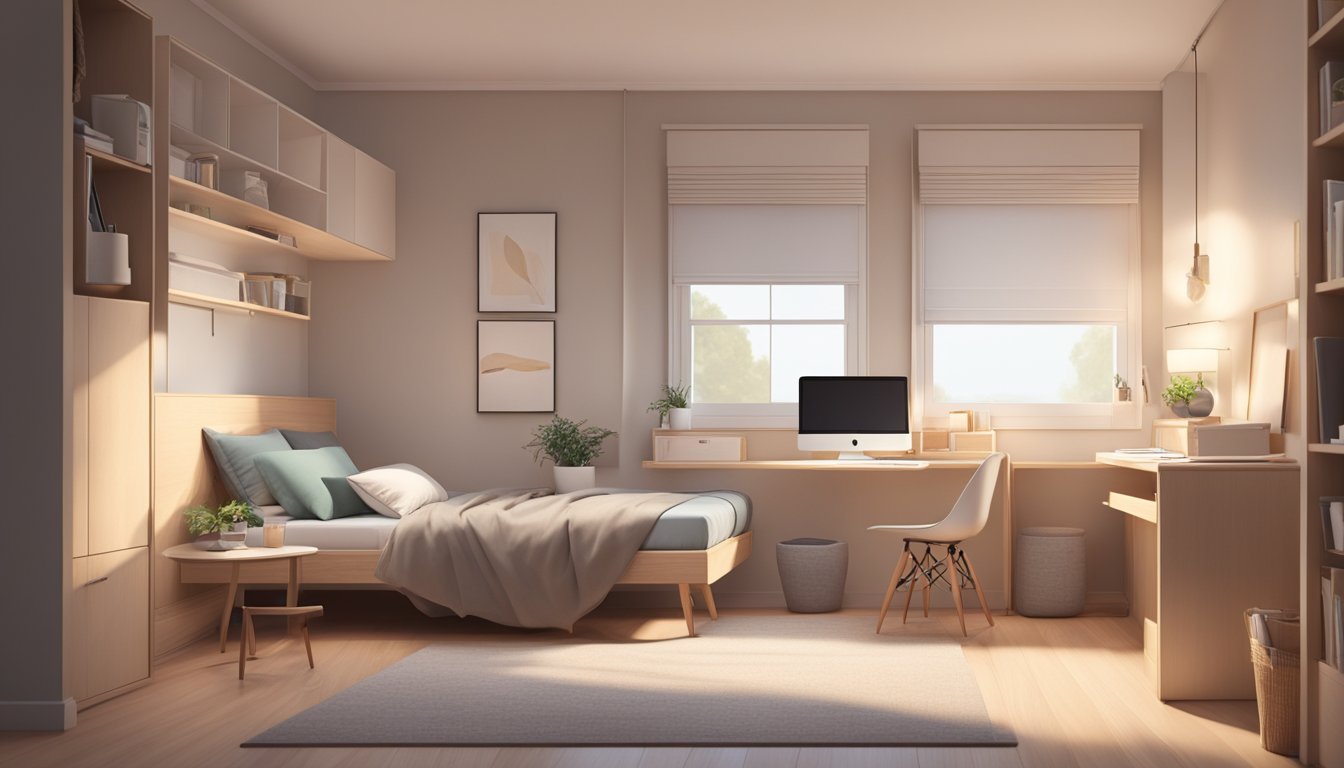 A cozy bedroom with a minimalist design, featuring a fold-down bed, built-in storage, and a small desk with a chair. The room is decorated with neutral tones and soft lighting