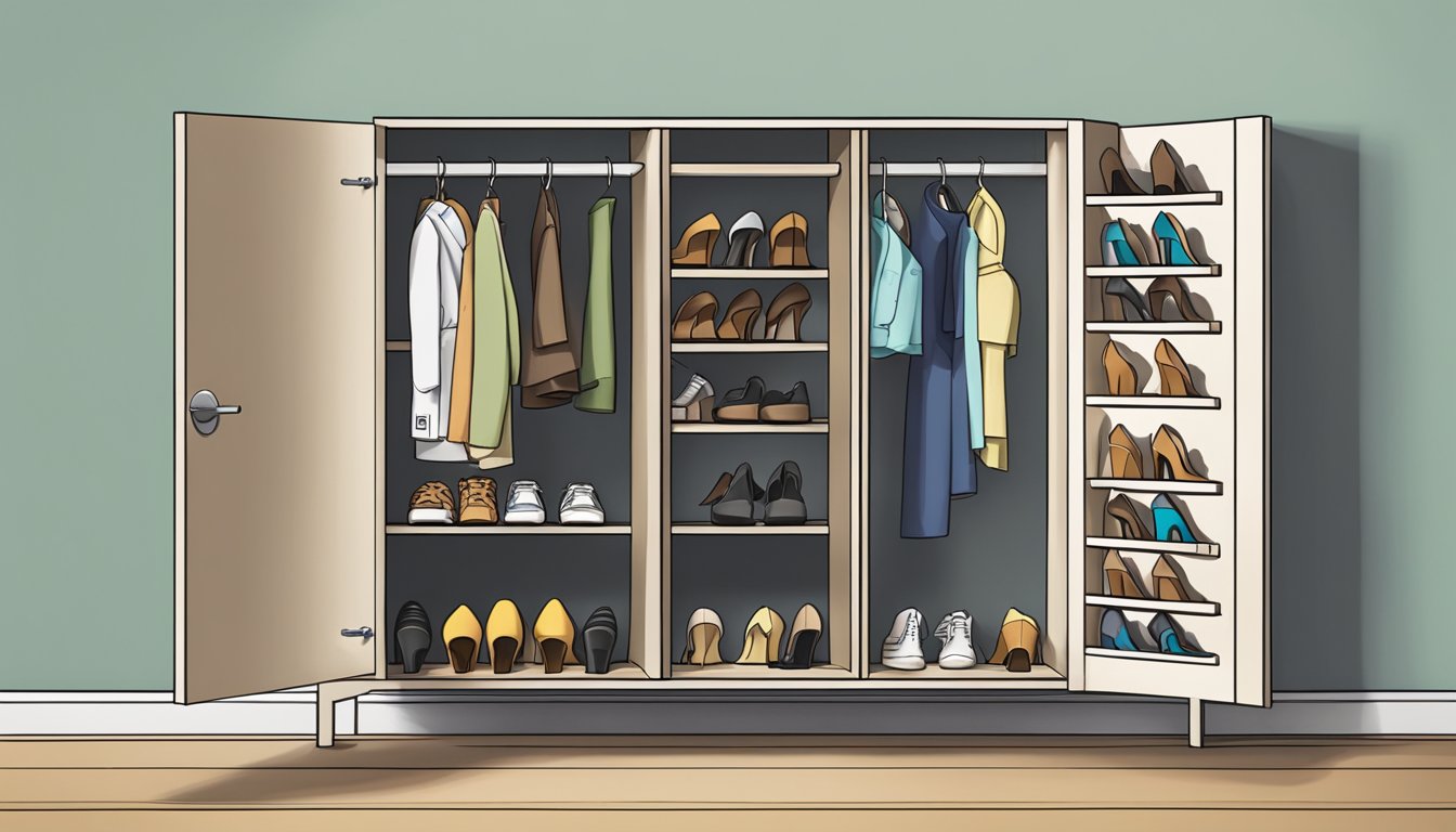 A shoe cabinet with open doors revealing neatly organized shoes. A sign above reads "Frequently Asked Questions" in bold letters