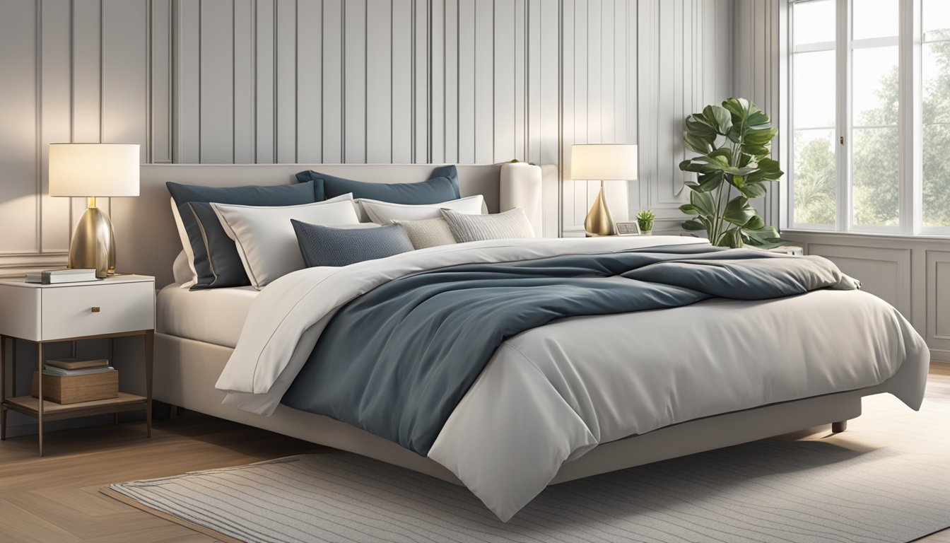 A standard queen size bed measuring 152 cm x 203 cm with a simple, clean design, and neutral-colored bedding