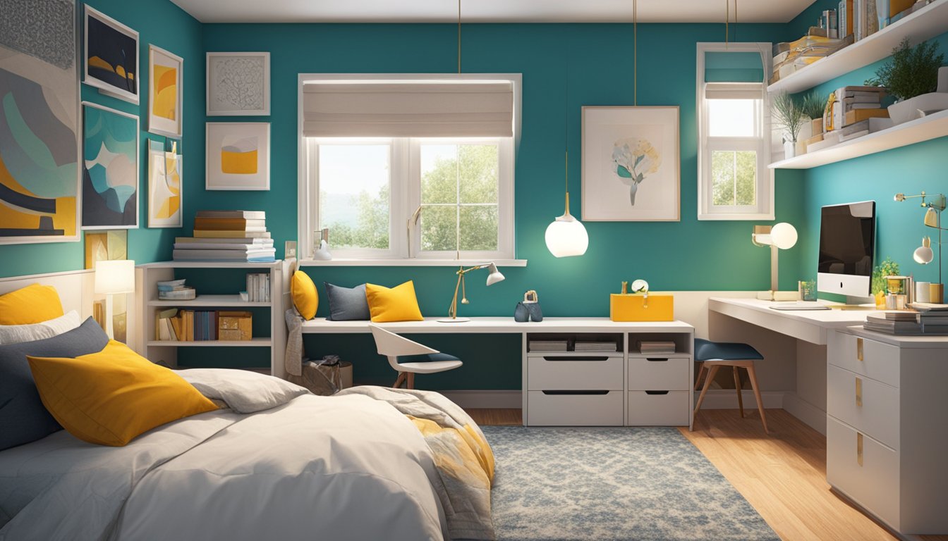 A cozy bedroom with bold accent walls, clever storage solutions, and multi-functional furniture to maximize space. Bright pops of color and strategic lighting create a visually impactful and inviting atmosphere