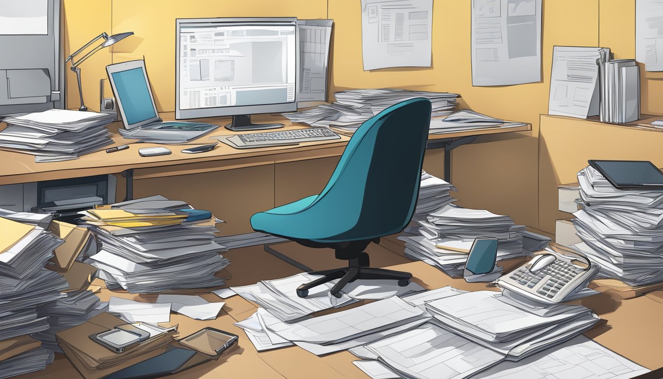 A cluttered office table with a stack of papers, a computer, and a phone. A chair sits empty, facing the table