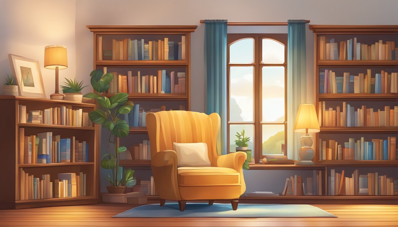 A cozy reading nook with a solid wood bookshelf filled with books of various sizes and colors, a comfortable chair, and a warm lamp illuminating the space