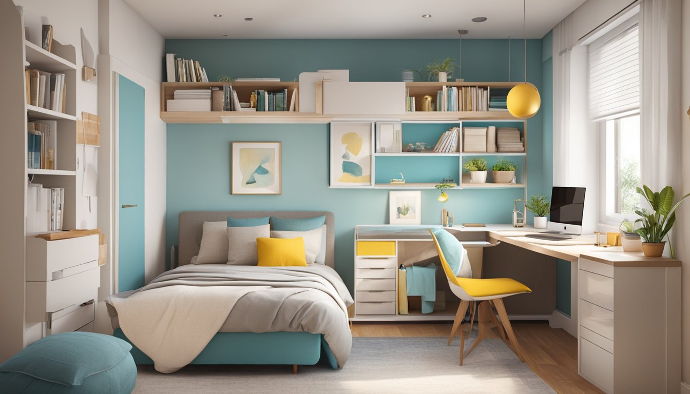 A cozy bedroom with space-saving furniture, built-in storage, and bright, airy decor. A wall-mounted desk and multi-functional bed maximize the small space