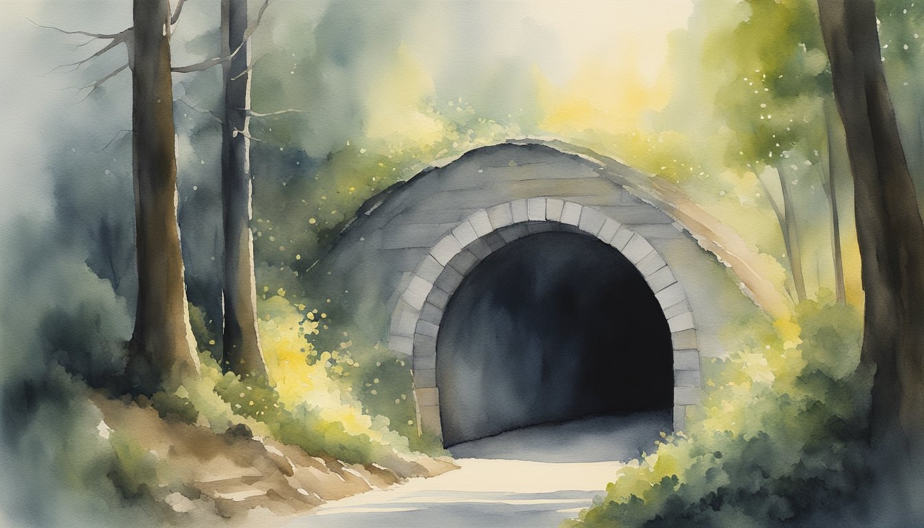 A bright light beckons from a tunnel, drawing the consciousness towards it.</p><p>Surrounding darkness gives way to a serene, otherworldly realm, where time seems to stand still