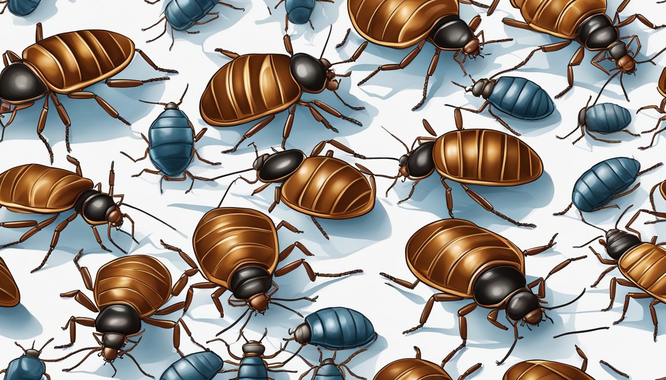 Bedbugs crawl on a mattress, leaving behind small dark spots