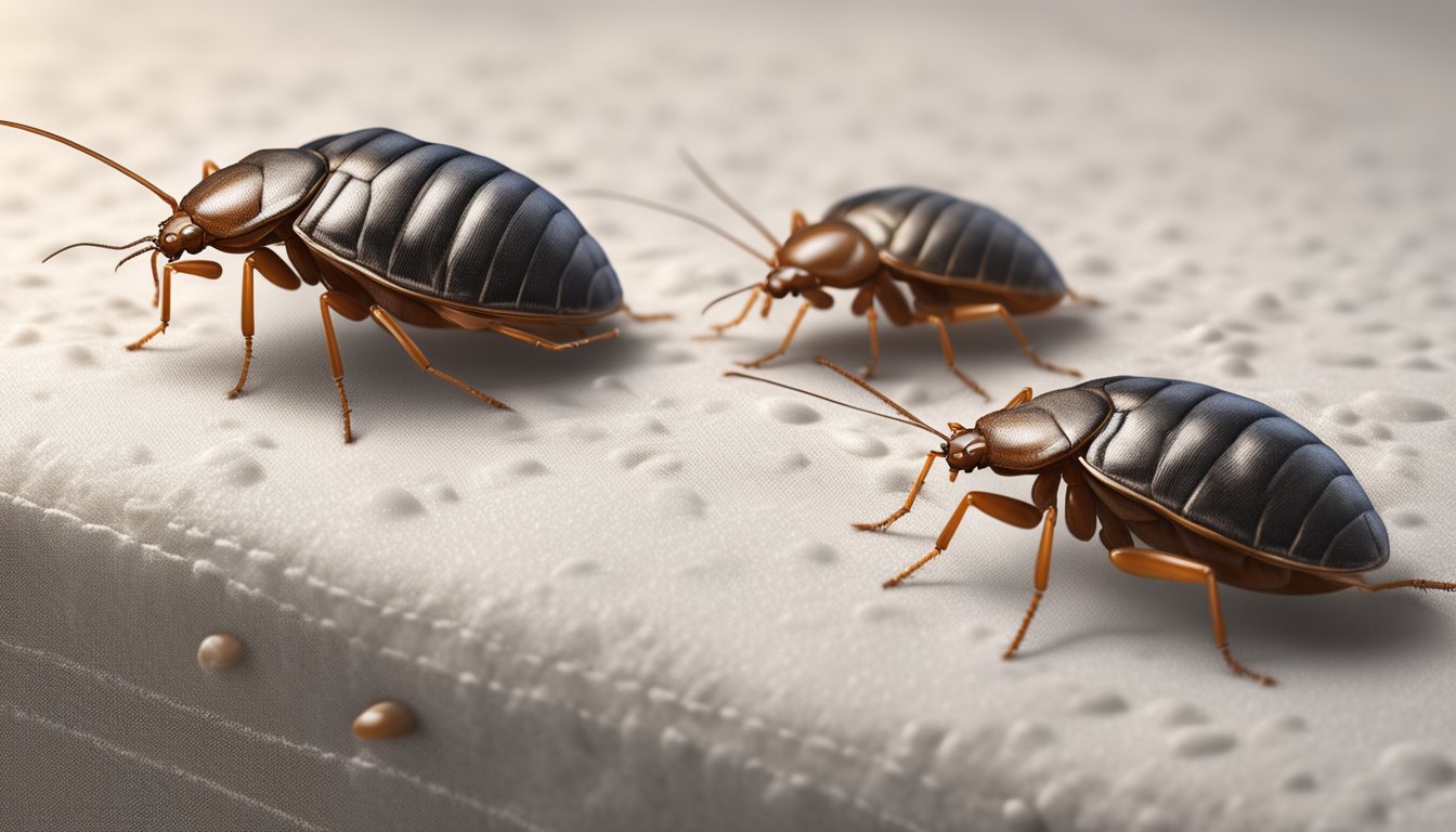 Bedbugs infesting a mattress, visible to the naked eye