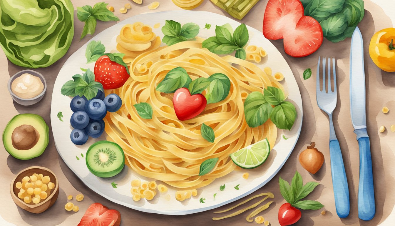 A plate of pasta surrounded by various healthy food items, with a scale showing weight gain on one side and a heart symbolizing heart health on the other