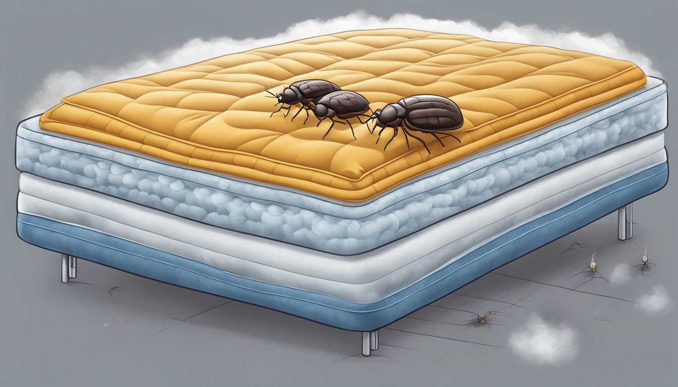 A mattress with visible bedbugs being treated with heat, steam, and insecticides for effective eradication