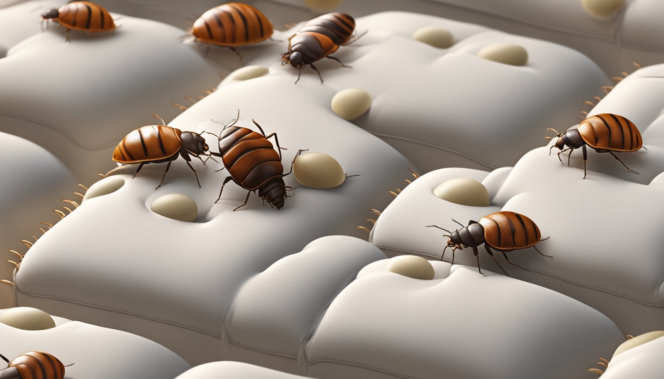 A mattress infested with bedbugs, shown in close-up with visible bugs and eggs