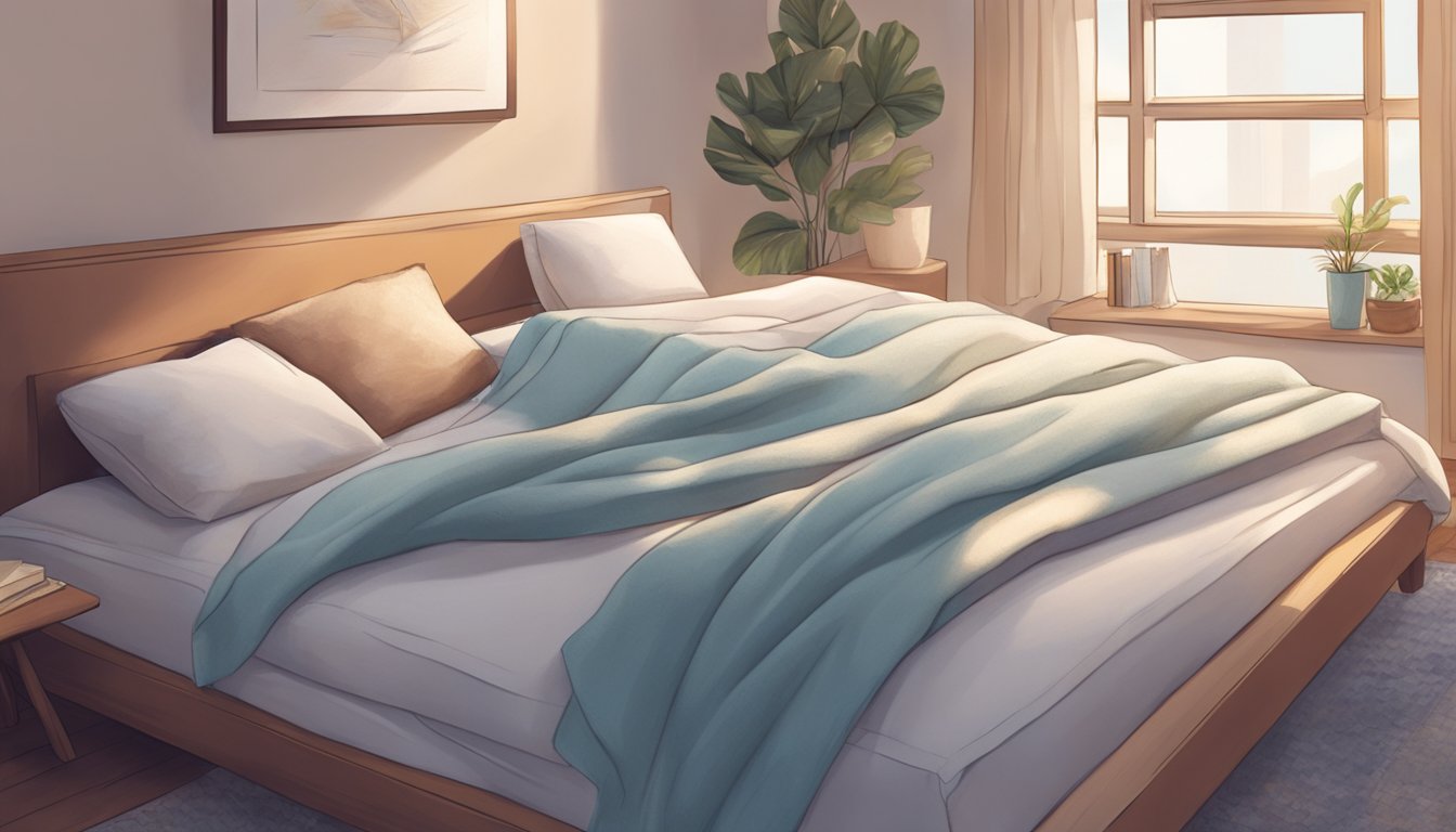 A body pillow lying on a bed, surrounded by soft blankets and with a cozy reading nook in the background