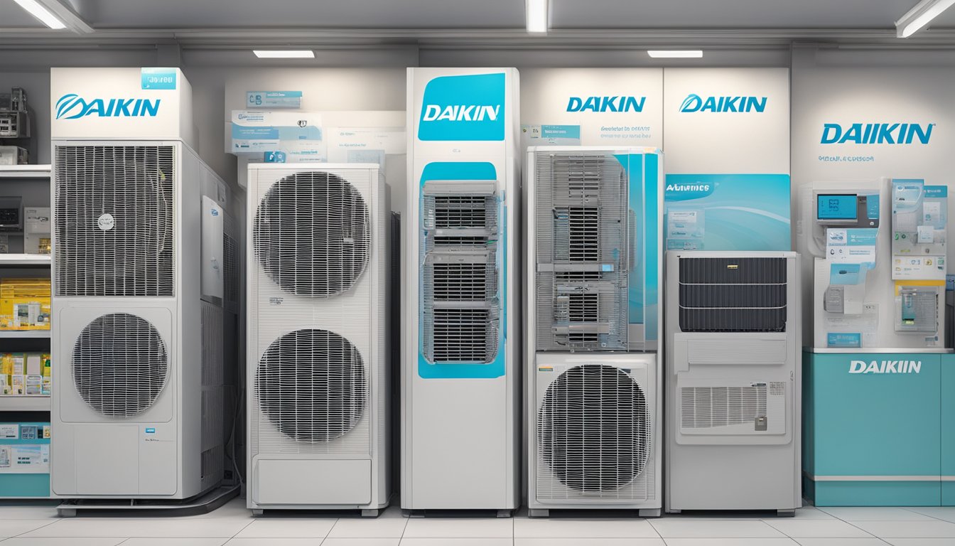 A Daikin aircon unit displayed in a Singaporean electronics store with price tags and promotional materials