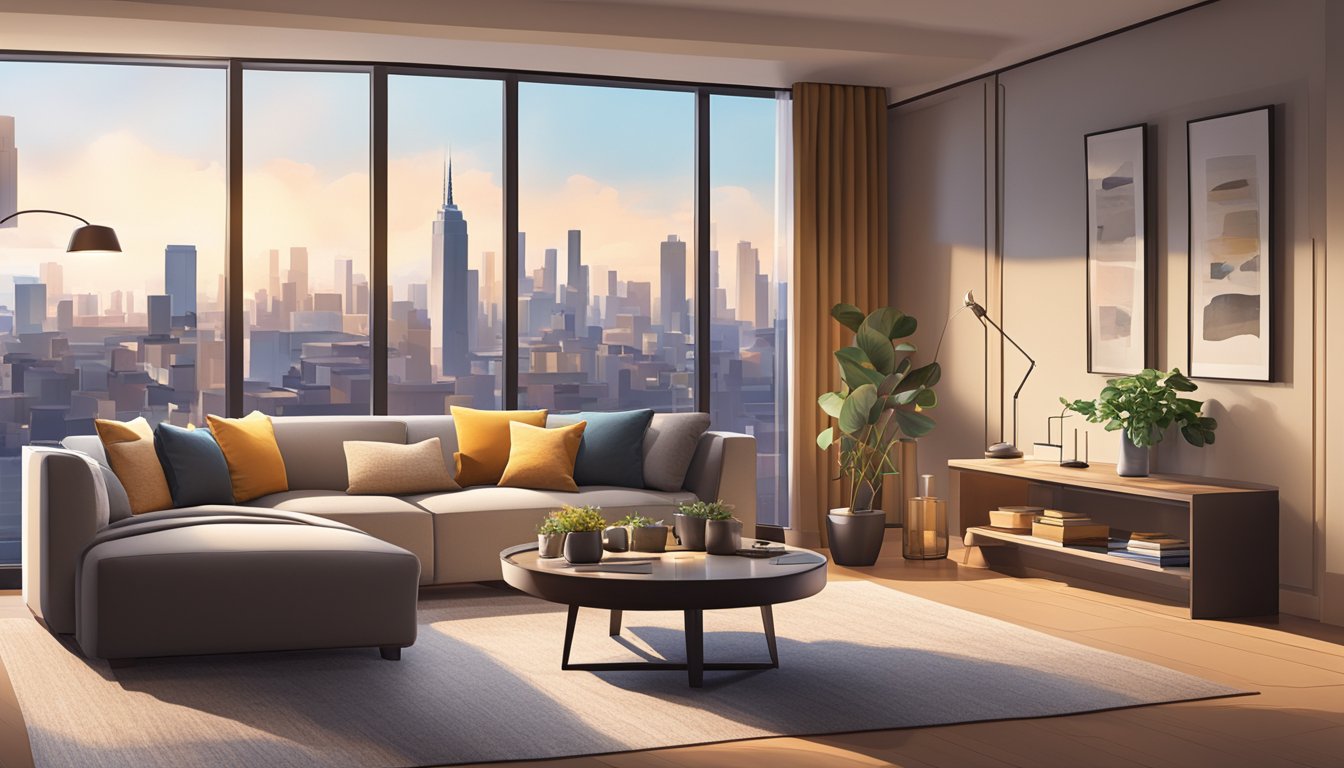 A cozy living room with a sleek, modern sofa armchair nestled in a corner, adorned with soft cushions and a warm throw blanket. The room is bathed in natural light, with a view of the bustling cityscape outside