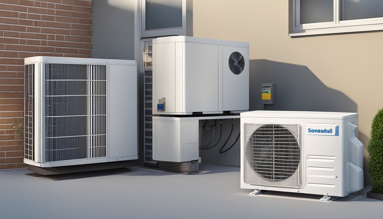 A split system aircon with indoor unit, outdoor unit, refrigerant lines, and control panel