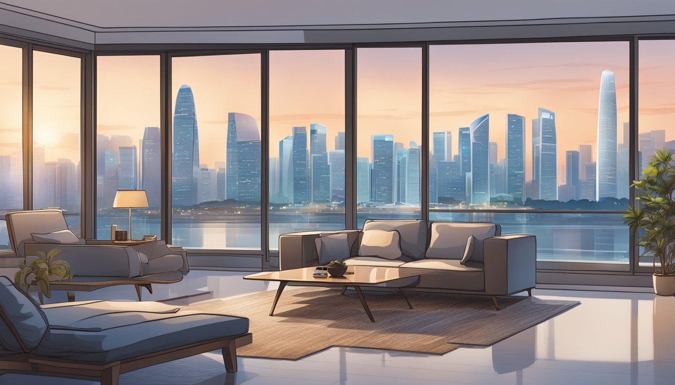 A modern living room with a Daikin air conditioner mounted on the wall, with the Singapore skyline visible through the window