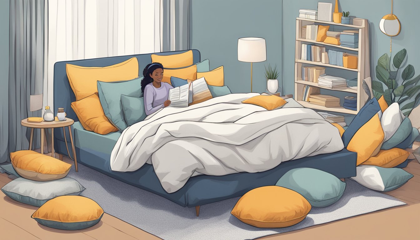 A person sits on a bed surrounded by various body pillows, carefully comparing their sizes, shapes, and textures