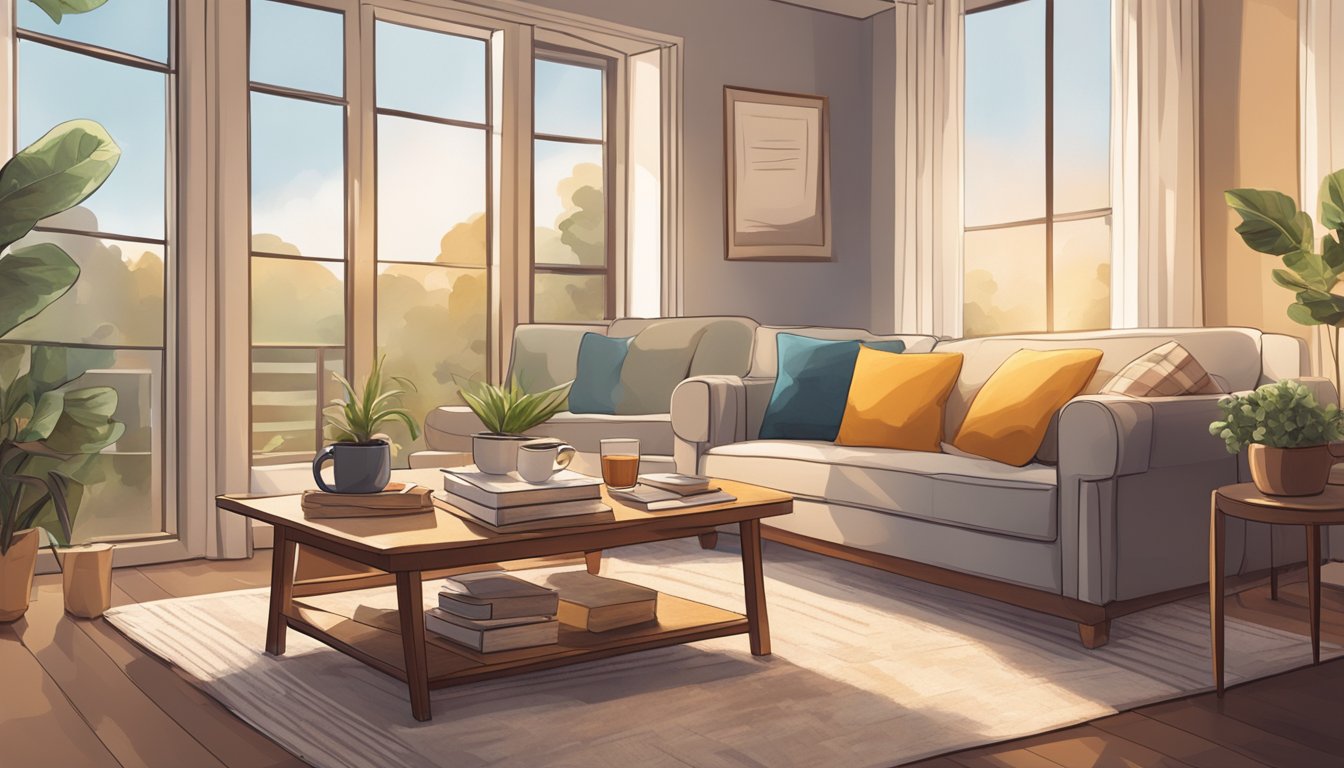 A cozy sofa and armchair in a well-lit living room with a side table holding a warm cup of tea, a book, and a soft throw blanket