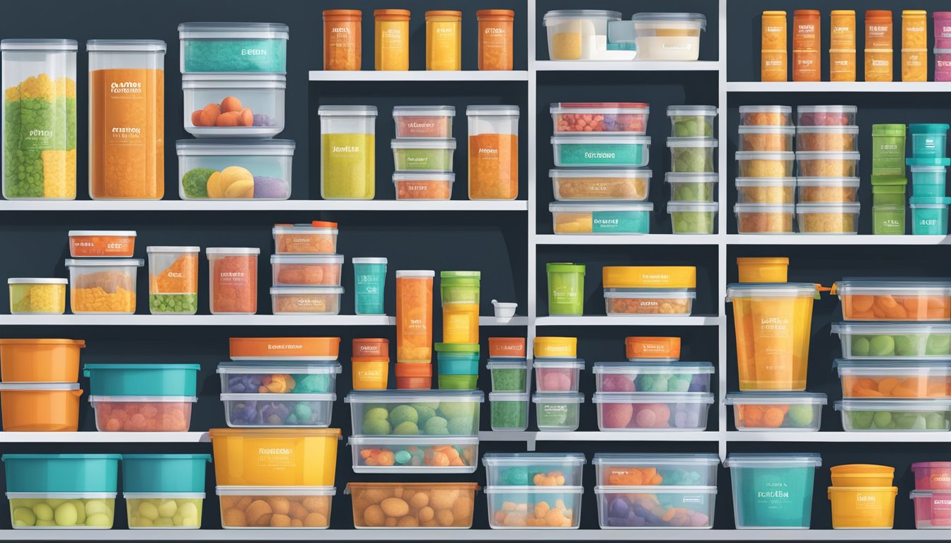 Airtight storage containers stacked neatly on shelves, displaying top brands and products. Labels are clear and vibrant, showcasing the variety of sizes and shapes available