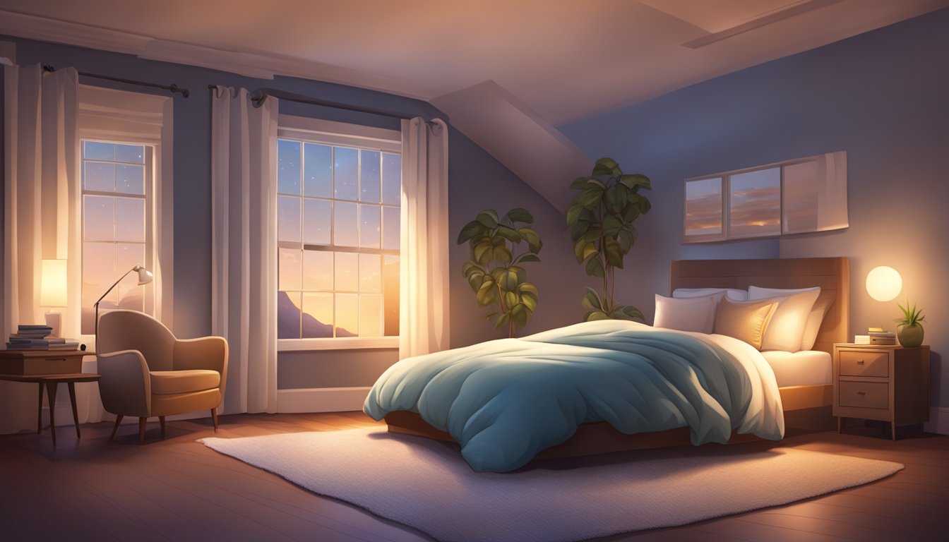 A cozy bedroom with a large, fluffy body pillow positioned on a comfortable bed, surrounded by soft, ambient lighting for a peaceful sleep experience