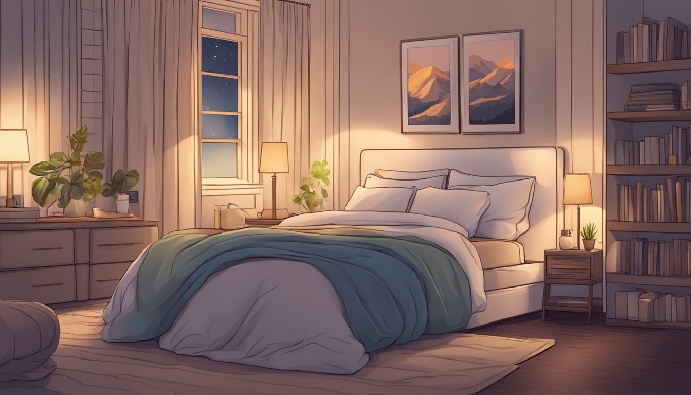 A cozy bedroom with a large body pillow adorned with "Frequently Asked Questions" text, surrounded by plush blankets and dim lighting