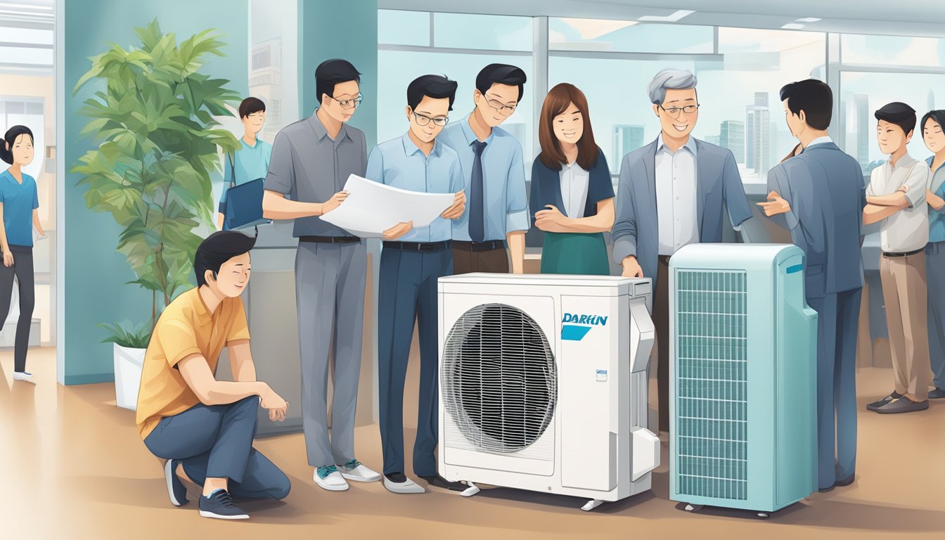 A Daikin air conditioner with price tags in Singapore, surrounded by curious customers and sales representatives