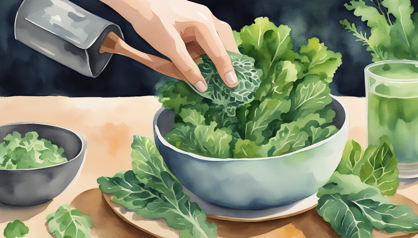 A hand pouring vegan iron supplement into a bowl of leafy greens