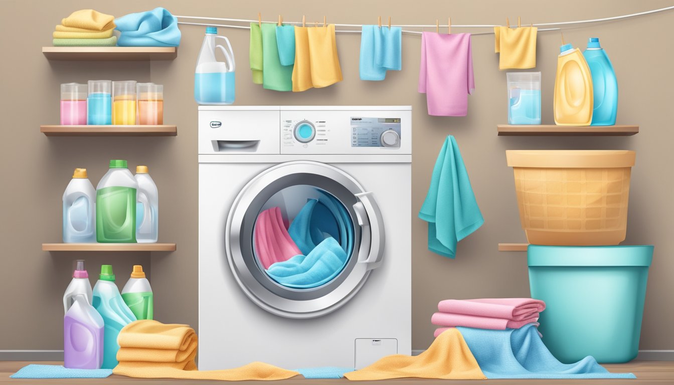 A washing machine with clear signs for different cycles and settings, surrounded by laundry detergent and fabric softener bottles