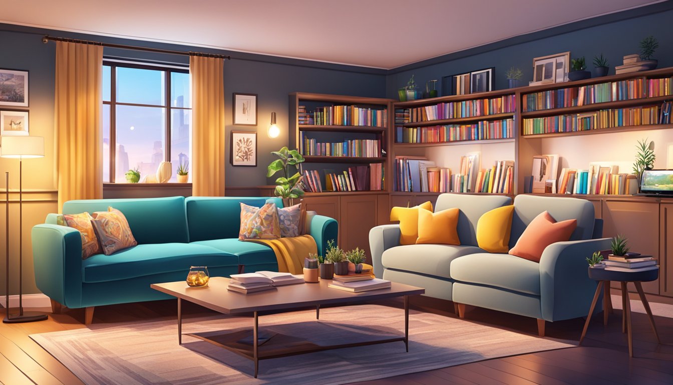 A cozy entertainment room with a large TV, comfortable seating, colorful throw pillows, soft lighting, and shelves filled with books and board games